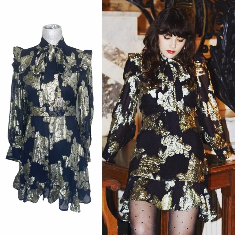 Black and Gold Metallic Floral Mini Dress - Elegant Tie-Neck